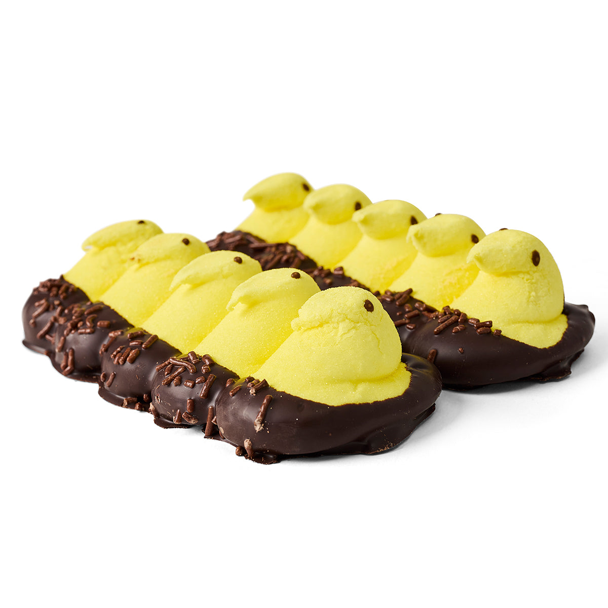 Dark Chocolate-dipped yellow chick peeps on a white background
