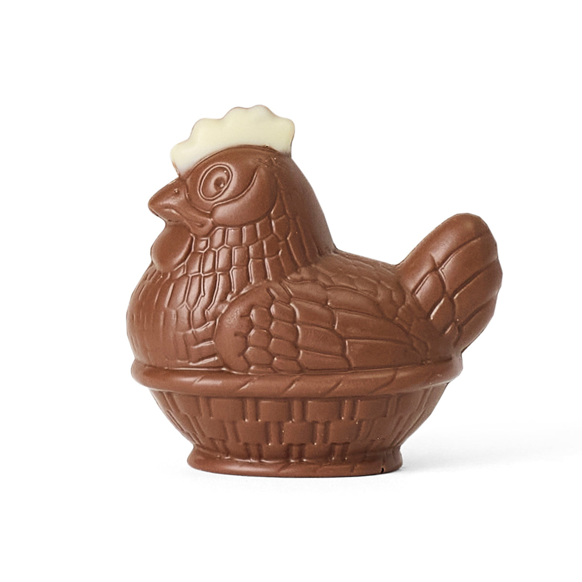 Chocolate chicken-shaped container on a white background