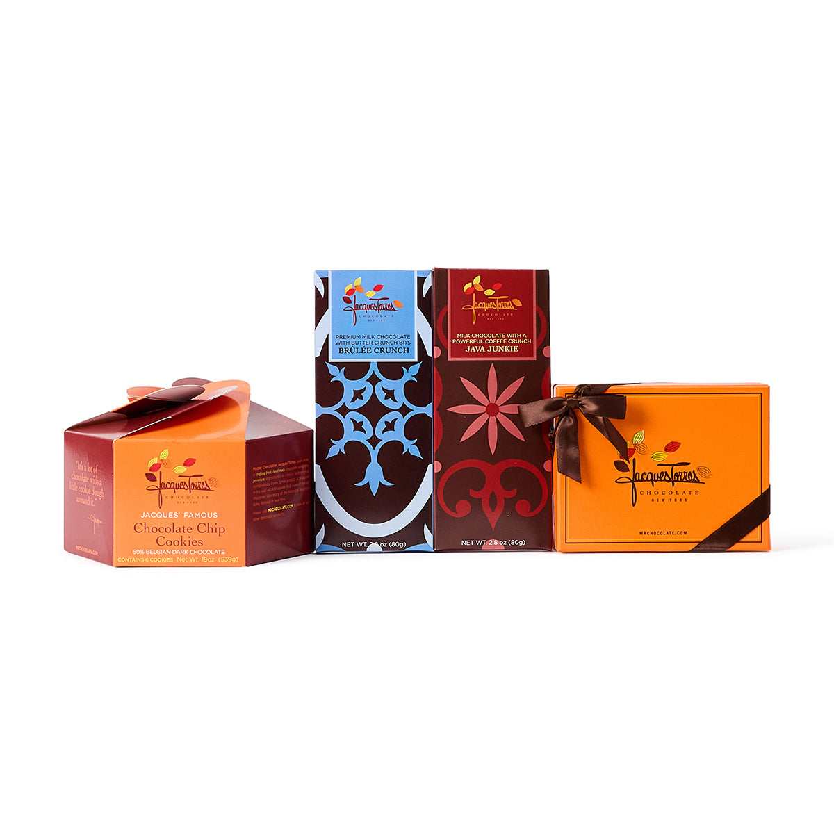 Assorted boxes of bon bons, chocolate bars and Cookies with decorative designs on a white background