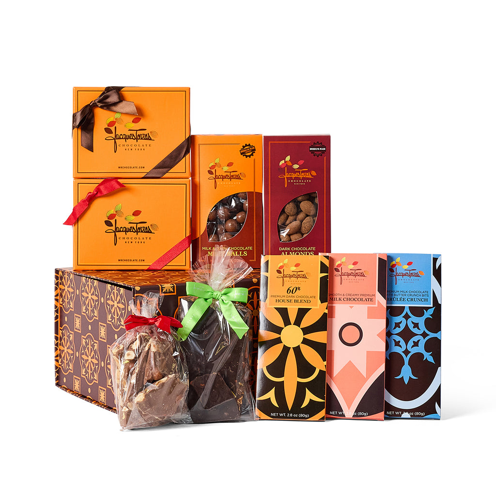 Sampler Gift Box with chocolate bars, hot chocolate and bark