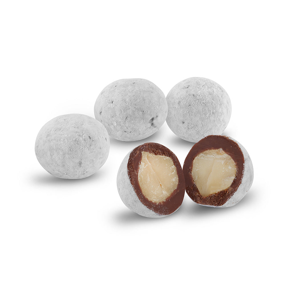 Close up of Milk Chocolate Macadamia -cut open- Jacques Torres Chocolate