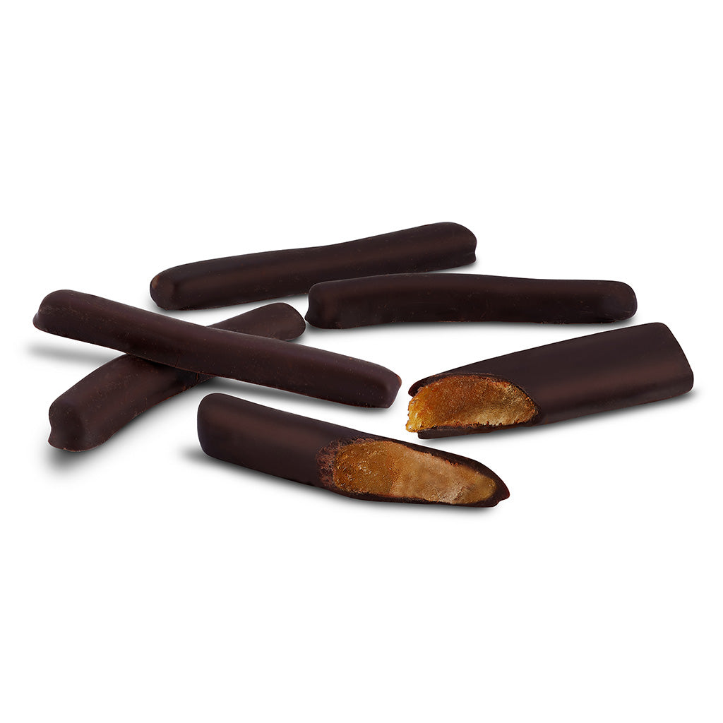 NY Collection - Chocolate Covered Orange Peels -close up and cut in half- Jacques Torres Chocolate
