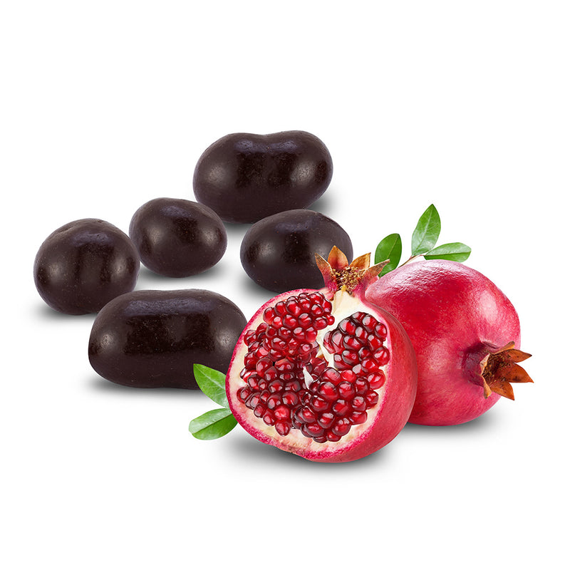 NY Collection - Chocolate Covered Pomegranates -close up of chocolate and pomegranate- Jacques Torres Chocolate