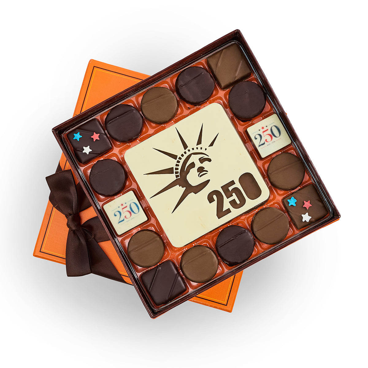 Chocolate box with Statue of Liberty design and '250' text on a white background