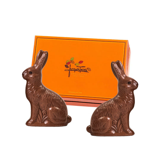 Two chocolate rabbits in front of an orange box with a brand logo on a white background
