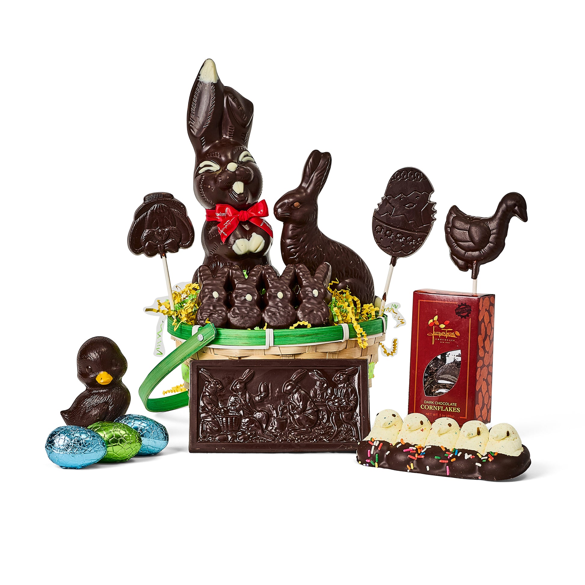 Assorted Jacques' dark chocolate Easter treats in a gift basket on a white background.