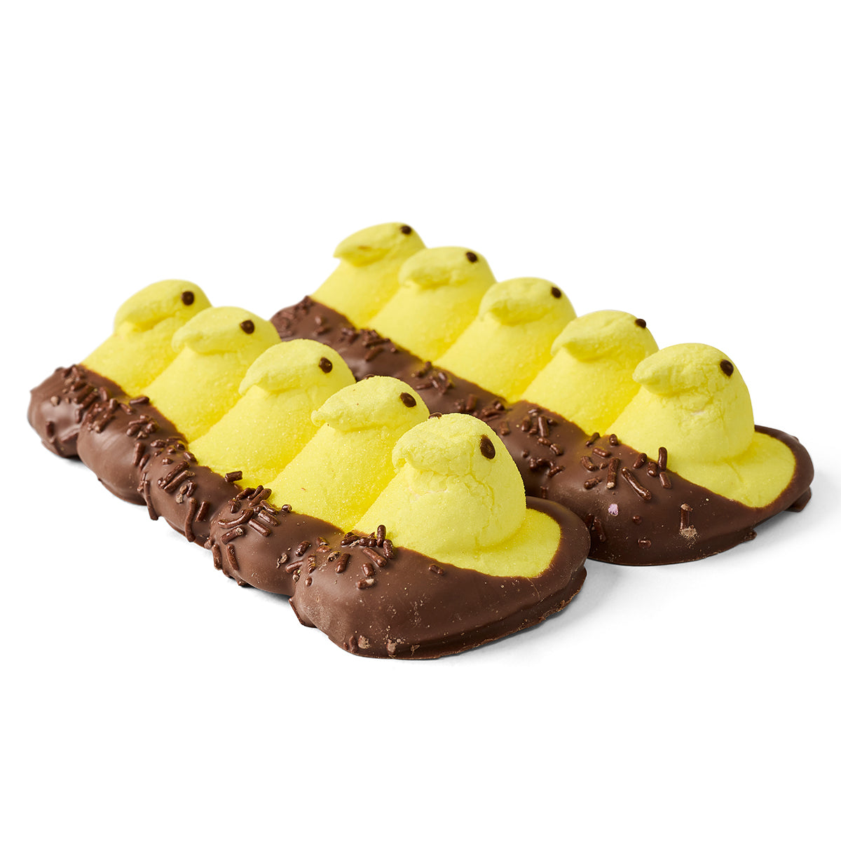 Milk Chocolate-dipped yellow chick peeps on a white background