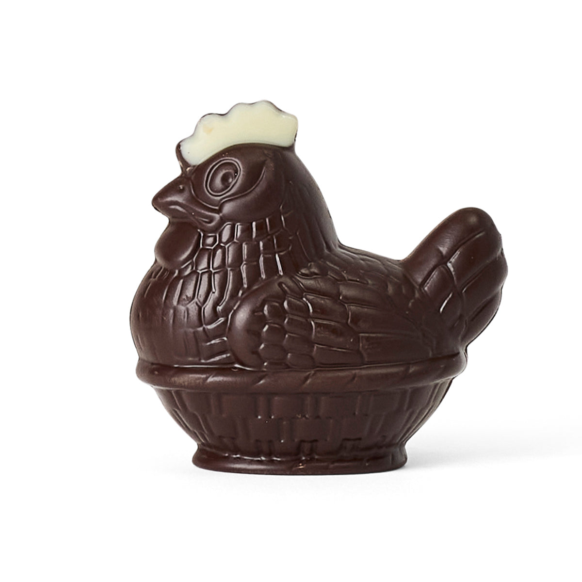 Chocolate chicken figurine on a white background