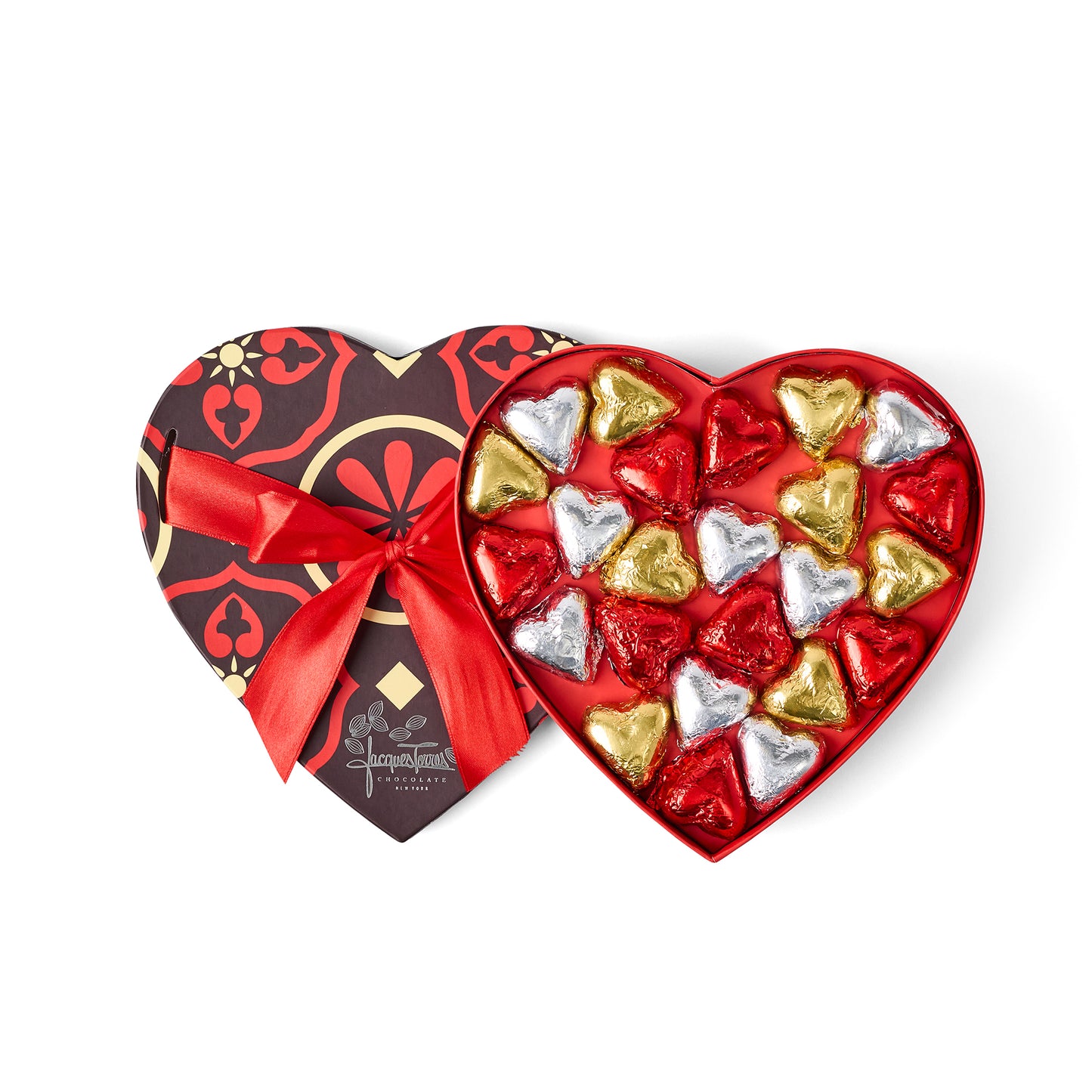 Heart-shaped chocolate box with a red ribbon on a white background