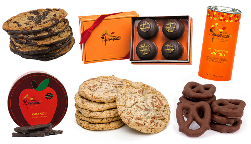 Collection of products - cookies, hot chocolate, chocolate covered pretzels, hot chocolate bombs