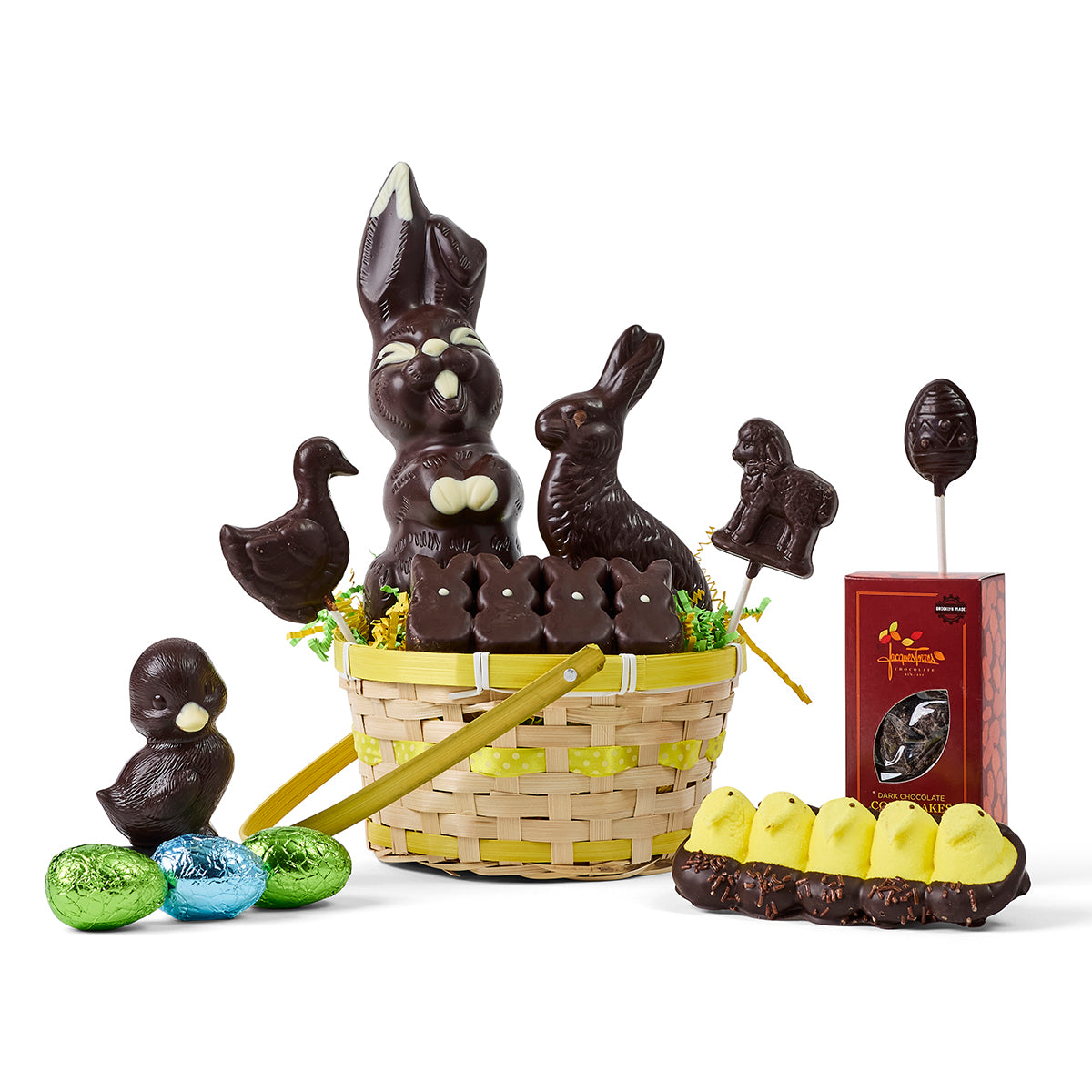 Jacques' Easter Basket filled with Dark Chocolate Bunnies, Animals and Peeps