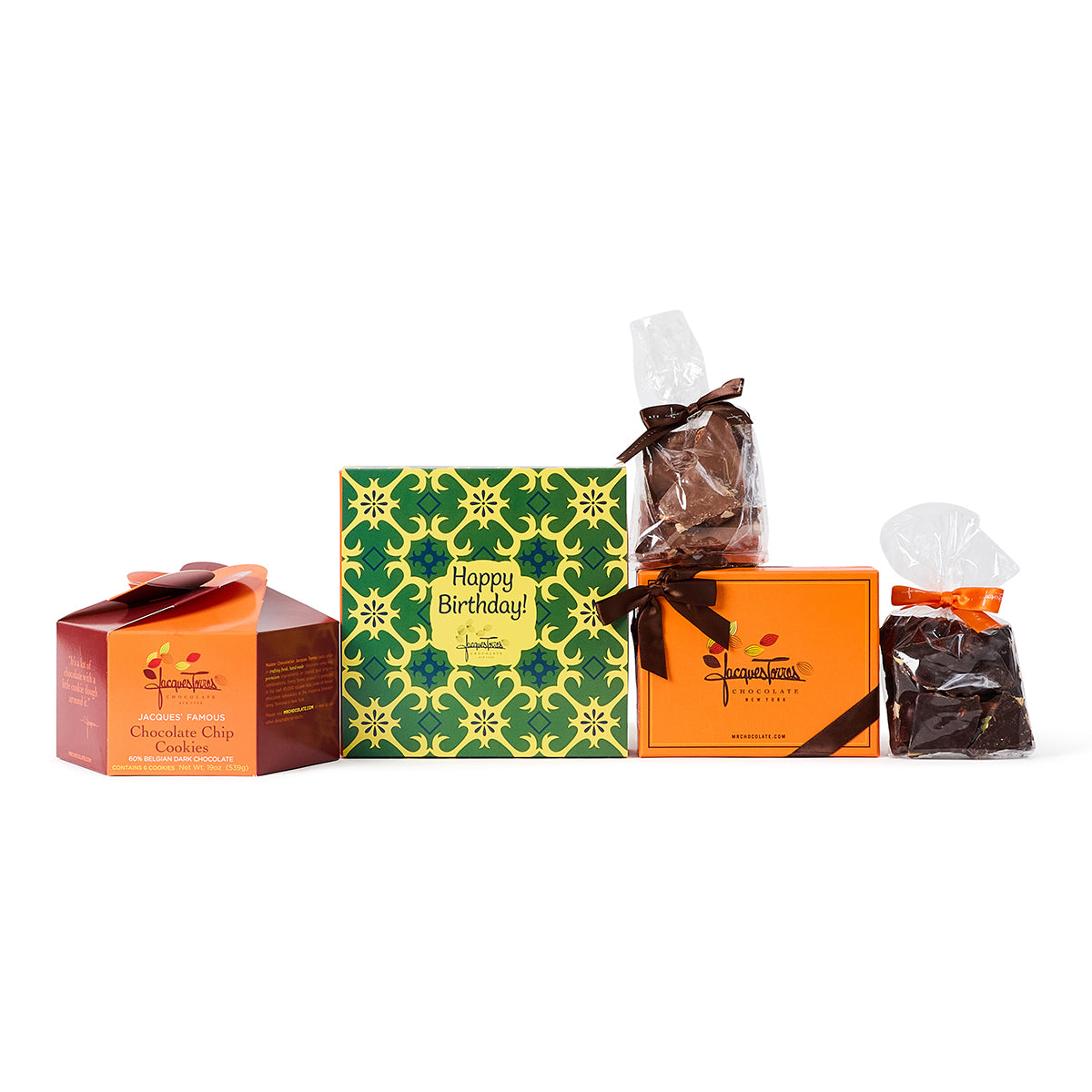 Gift set with a 'Happy Birthday!' box, cookies, and chocolate Bark on a white background