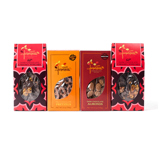 Movie Night Bundle with chocolate covered popcorn, pretzels and almonds