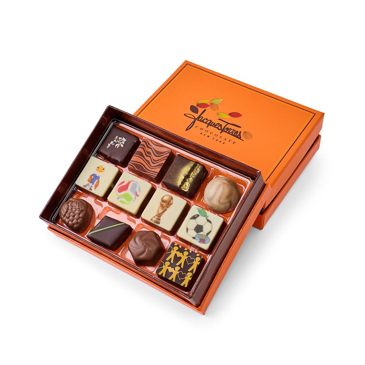 World Cup Collection 12pc bonbon box from Jacques Torres Chocolate propped up