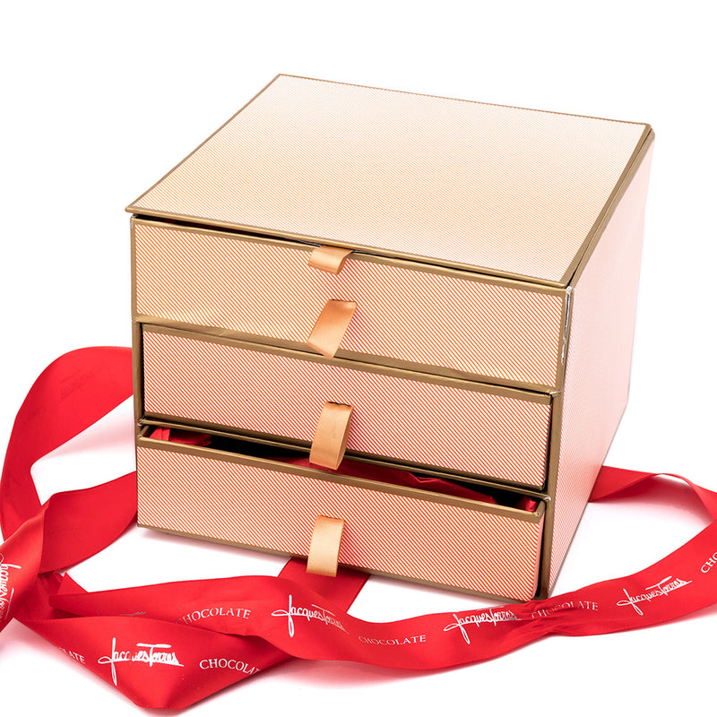 Close up of Share the Love Treasure Box and ribbon- Jacques Torres Chocolate