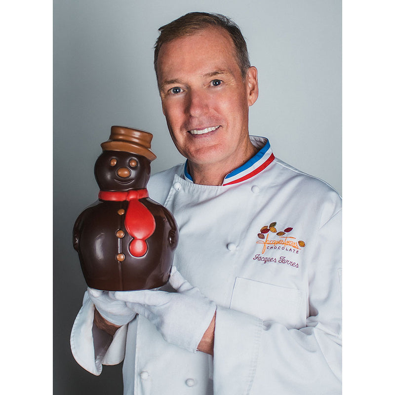 Chef Jacques Torres holding Large Dark Chocolate Snowman 