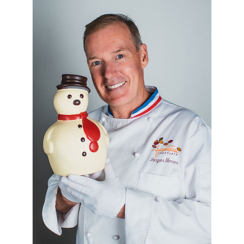 Chef Jacques Torres holding Large White Chocolate Snowman