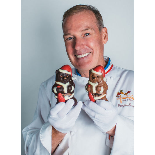 Chef Jacques Torres holding  Chocolate Santa Bears