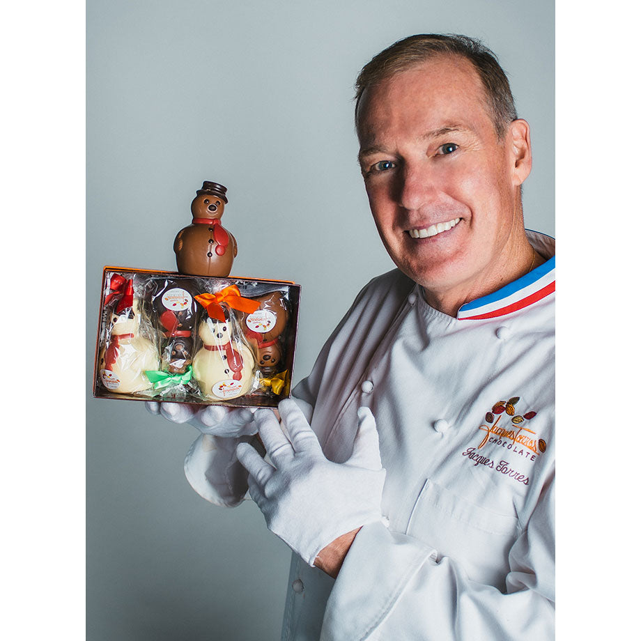 Chef Jacques Torres holding Snowman Gift Box