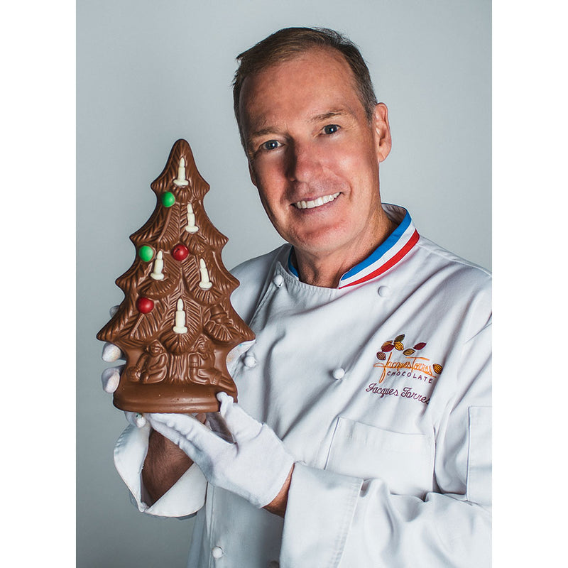 Chef Jacques Torres holding Large Chocolate Christmas Tree